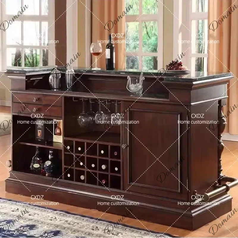RPS American Retro Solid Wood Bar Counter Hotel Clubhouse Front Desk Reception Table Cashier Station Household Marble Wine H