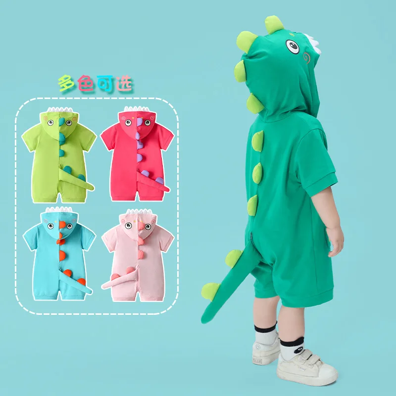 Kawaii Dinosaur Summer Infant Baby Clothes Boys Girl Bodysuit Hooded Cartoon Kawaii Five Colors Short Sleeve Romper Onesie