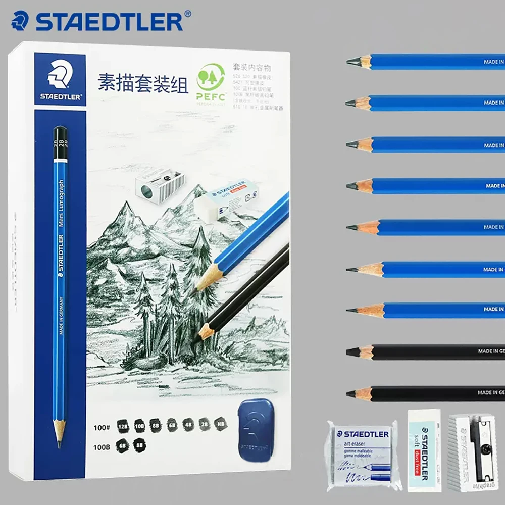 Germany STAEDTLER Sketching Set Drawing Pencil 100SET3 Pencil Eraser Pencil Curler 100 Blue Rod Professional Art Supplies HB-12B