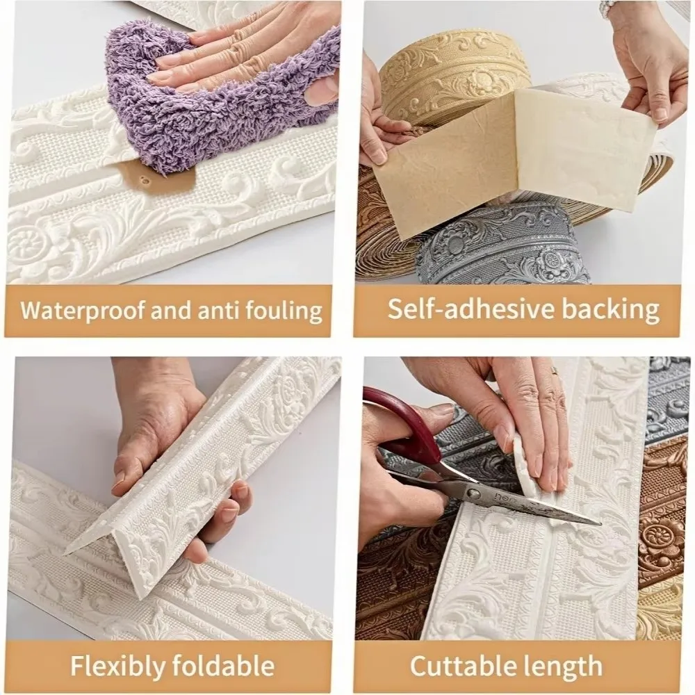 2.3 Meters/Roll Ceiling Decoration Strip 3D Foam Self-Adhesive Wall Sticker Waterproof Anti-collision Foam Edge Banding