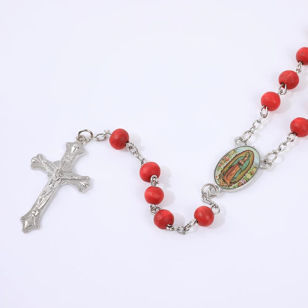 Blaue Rosenkranzkette für Damen und Herren, 6 mm, aus Holz, lange Kette, religiöser Anhänger mit der Jungfrau Maria und einem Kreuz, Herrenschmuck für Partys, Geschenk. – Detail 16