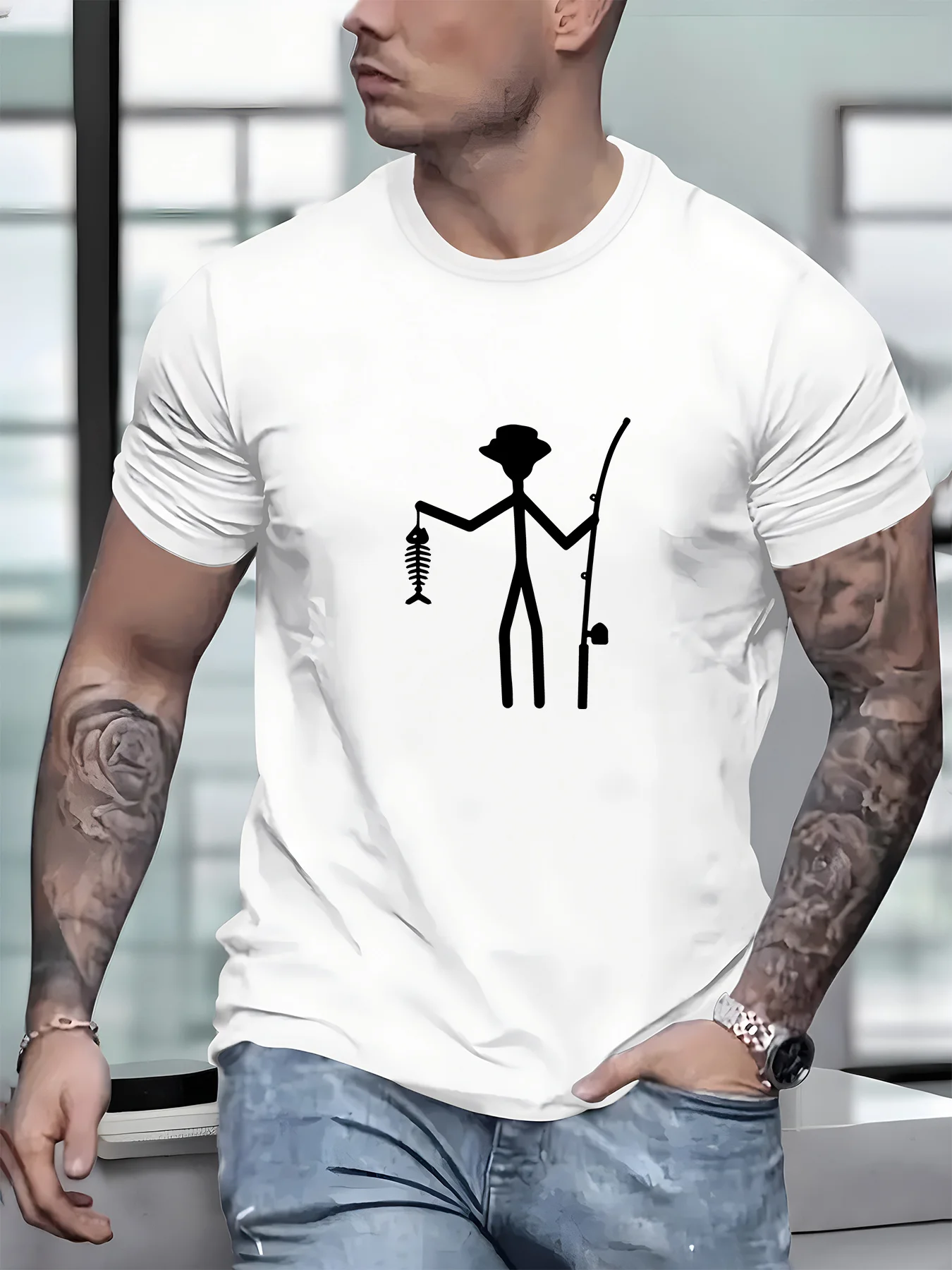 

Men's t-shirts Luxury Christmas Summer 100% cotton Fishing Stick Figure Printing Short sleeve tee Gym Bsketball