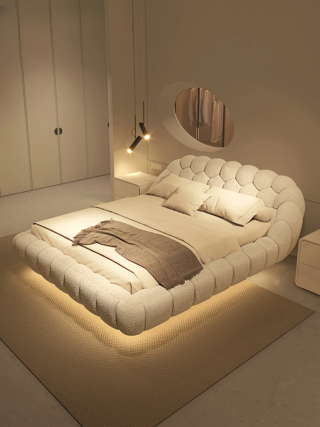 Luxury suspended bed master bedroom high-end atmospheric cream puff bed technology matte cloth lamb cashmere tatami bed