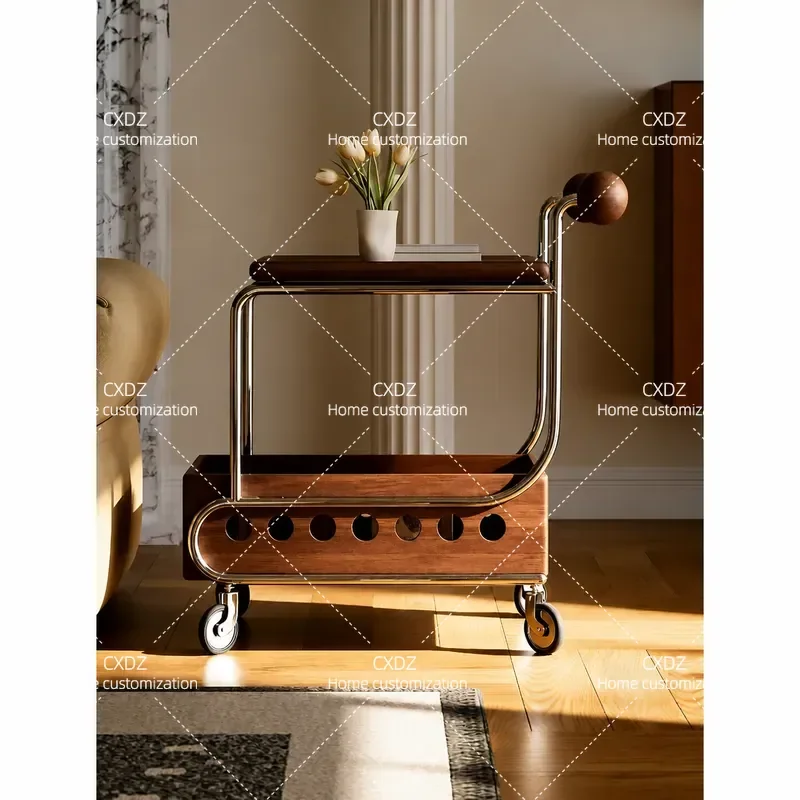 Movable Trolley Sofa Side Table Coffee Table Retro Style Solid Wood Storage Multi Layer Rack Dining Cart Snack Rack