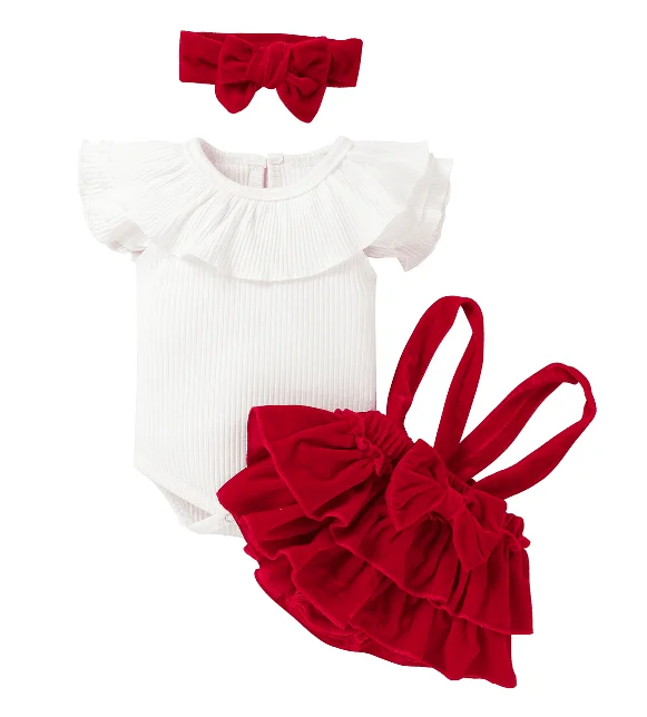 

Winkinlin Newborn Girls 3 Pieces Christmas Clothes Set Infant Flying Sleeve Romper Velvet Suspender Skirt Hair Band Outfits