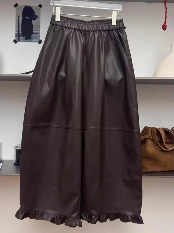 

Loose Straight Leg PU Leather Pants Men's Autumn Winter Casual Trousers Elastic Waist Wood ain Large Size 300 Pou