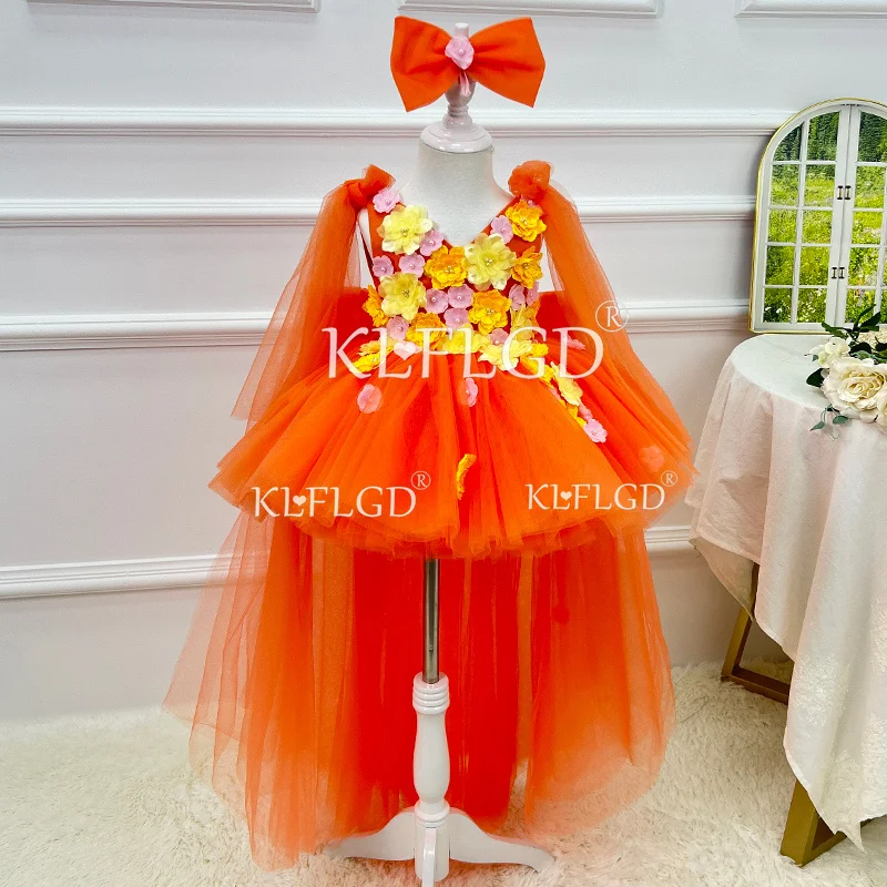 

KLFLGD Flower children wedding dress butterfly embroidered sequined dress lace children's formal wedding dress girl tail dress