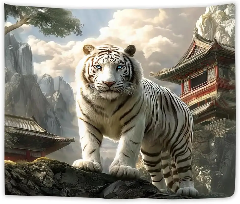 Majestic White Tiger Tapestry, Oriental Ancient Temple Mountain Print Large Wall Art for Cozy Bedroom Living Room Dorm Aesthetic