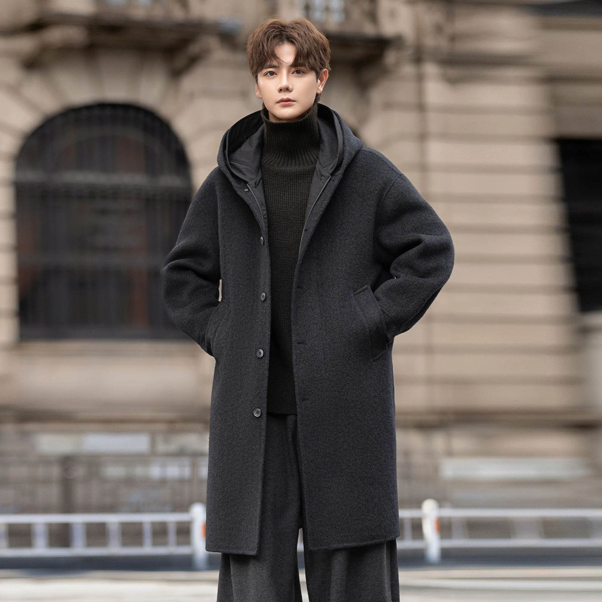 Winter Men Long Hooded Wool Blend Coat, Warm Filled Overcoat, Single Breasted Loose Mid-calf Jacket for Cold Weather Daily Wear