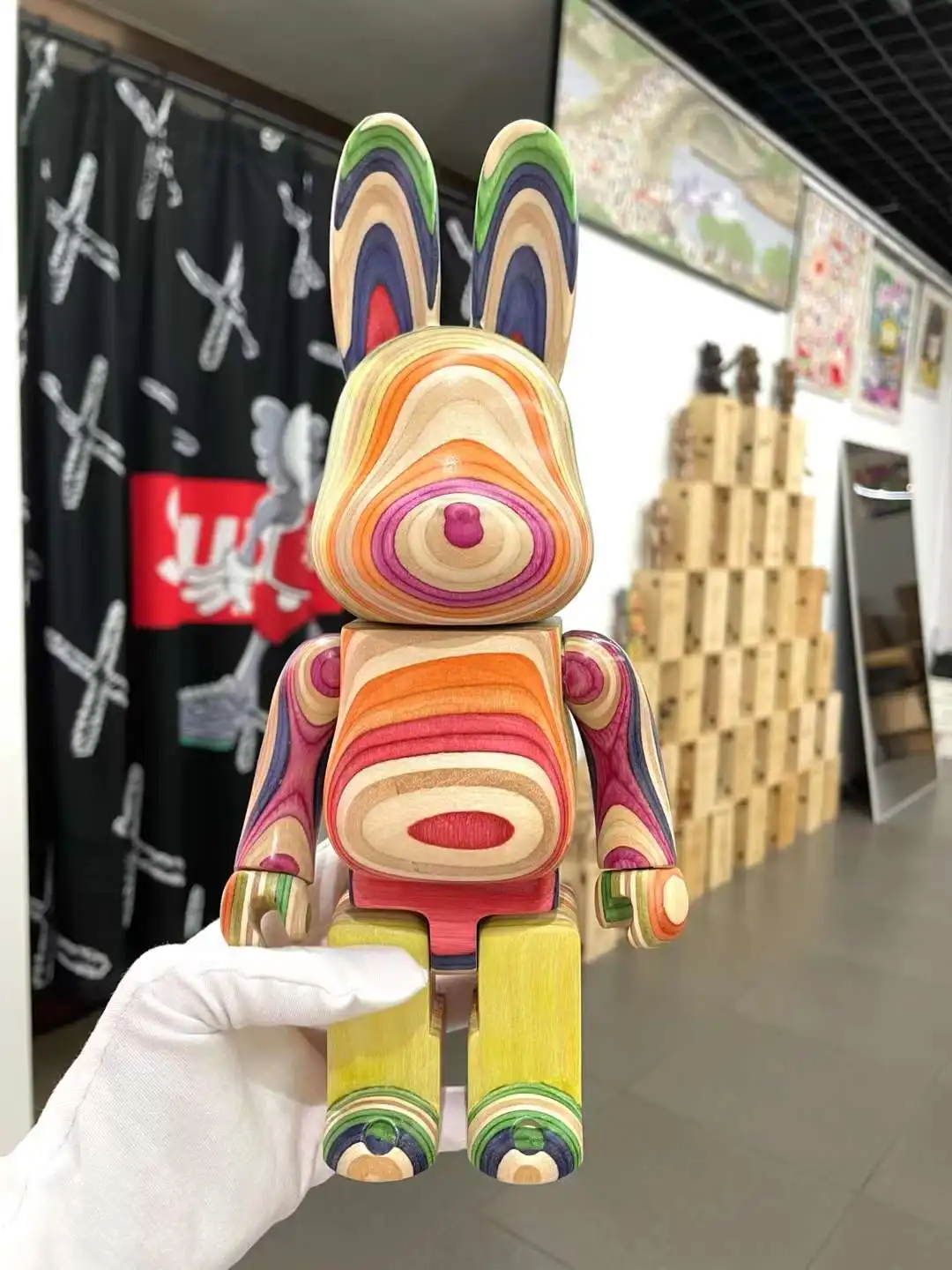 Rabbrick 400% Karimoku Birch Vertical Rainbow Wood Rabbit 28cm Height Handmade Collection Decorative Rabbit