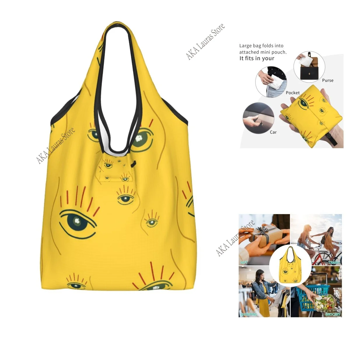 Eye Abstract Simple Cute Yellow Pattern Grocery Shopping Bag Shopper Tote Shoulder Bag Large Handbag