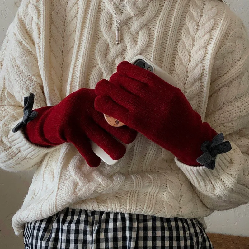 Guantes de Corea del Sur para mujer, guantes de lana con lazo para invierno, resistentes al frío, cálidos, con pantalla táctil, para montar en estudiantes