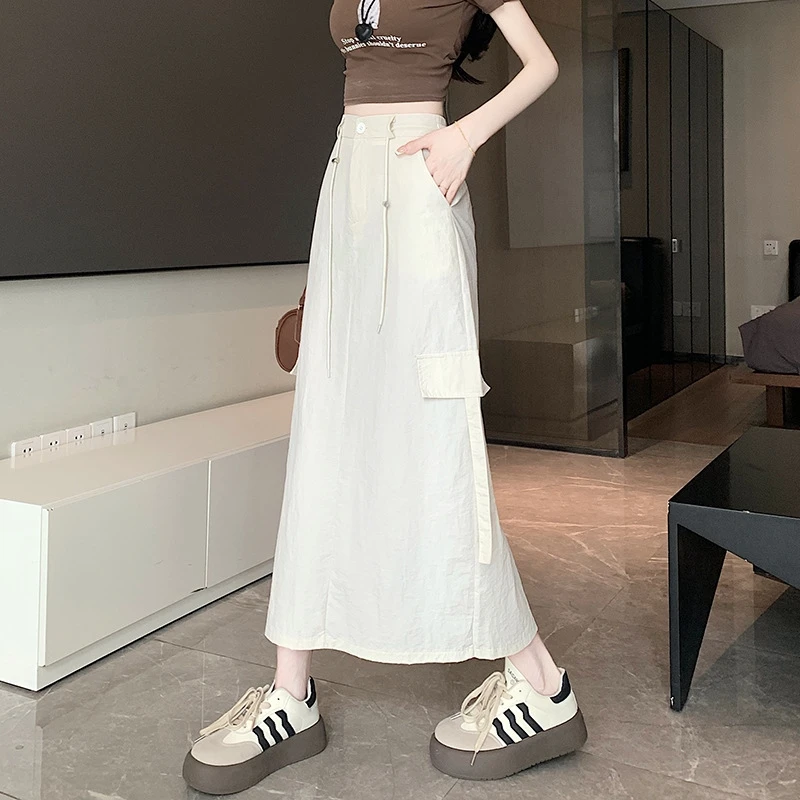 

American-Sle Pocket Cargo Skirt Women's Summer Elastic Waist Drawstring A- Line Skirt Loose Casual Midi Dress