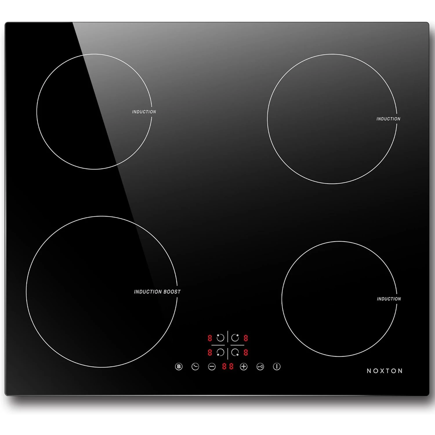 NOXTON induction hob 60cm built-in, 6400W, 4 zones electric hob with power booster, safety lock, 9 heat settings, timer, 230V