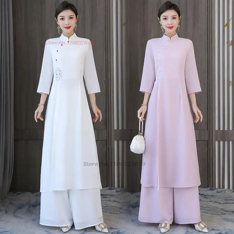 2024 traditional vietnam ao dai vintage dress+pants set national flower embroidery cheongsam dress banquet evening dress vestido