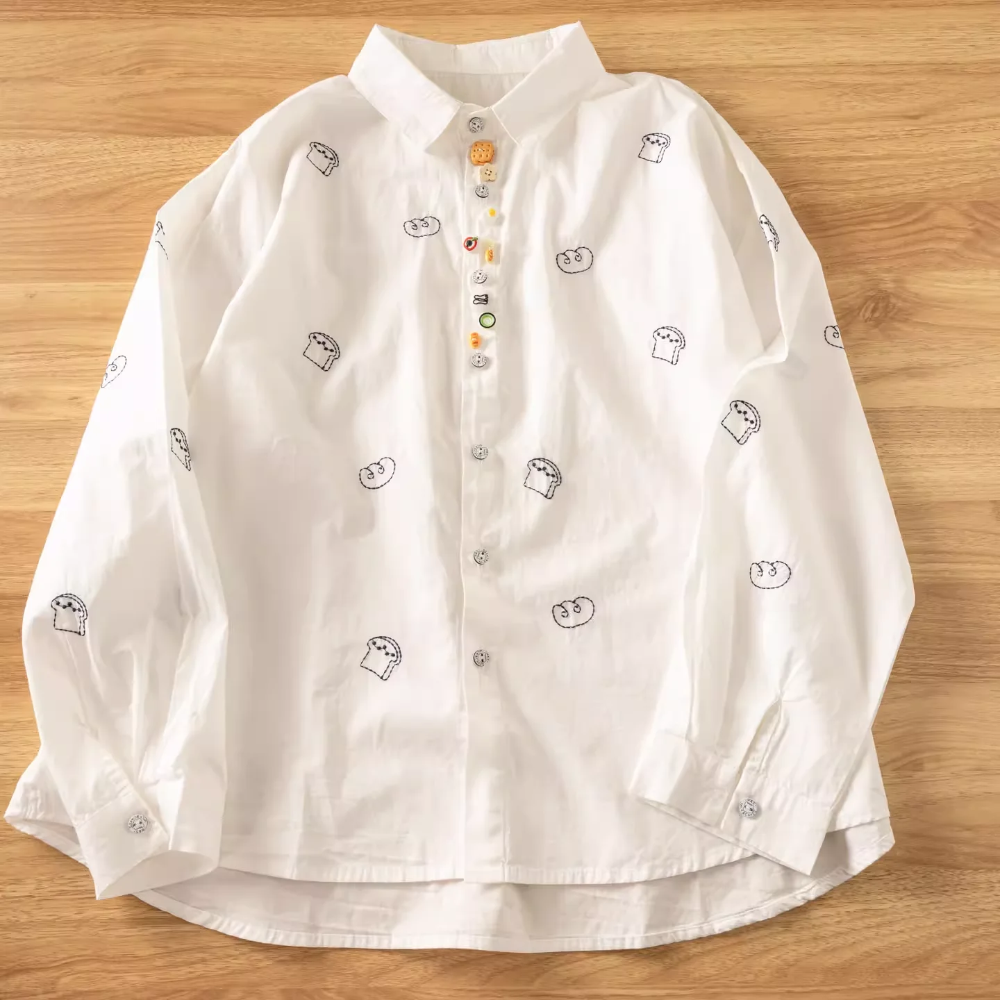 Harajuku fashion white navy blue cartoon biscuits buttons embroider shirts long sleeve blouses for women autumn cute clothes