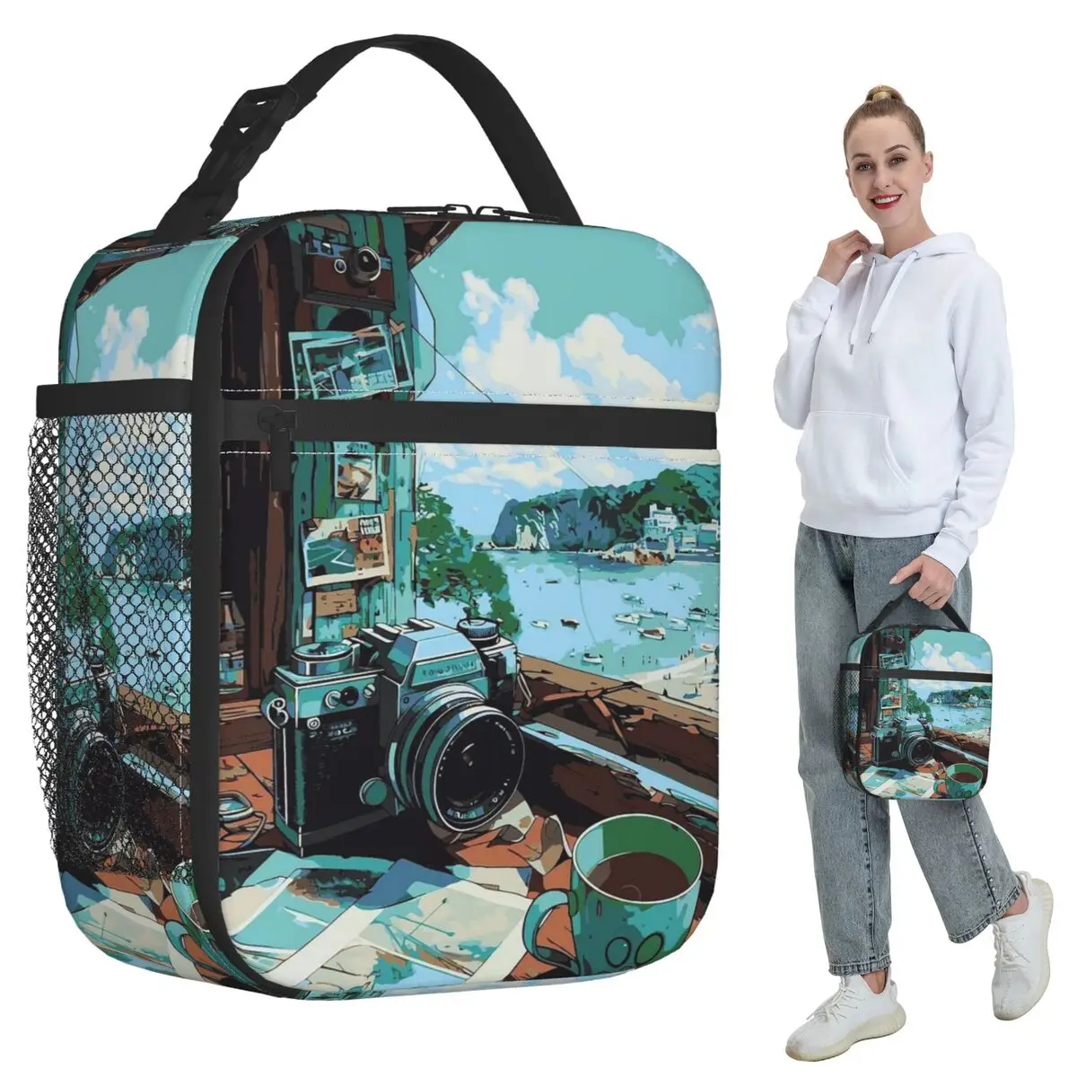 

Изолированная сумка для обеда с рисунком камеры и кофе для женщин, термосумка для офиса, портативный контейнер для еды, термоконтейнер для обеда