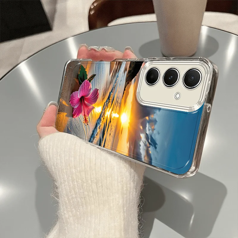 Transparent phone case for beach sunset scenery, suitable for Samsung Galaxy S26 S25 S24 S23 S22 S20 FE/Ultra/Plus anti fall