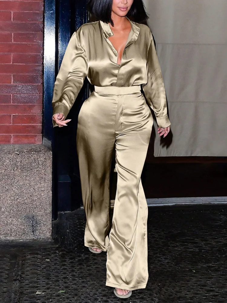 

Wmstar комплекты из двух предметов для женщин, оптовая продажа, тканая рубашка с длинными рукавами и брюки, комплект, новый стиль, одинаковый костюм, осенняя одежда 2025 г.