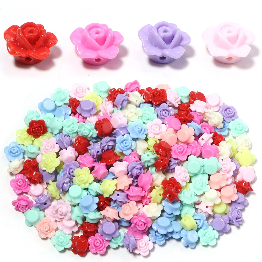 100pcs Acrylic Flat Back Rose Flower Beads Spring Color Floral Loose Spacer Beads For Bracelet Necklace Jewelry Making Supplies