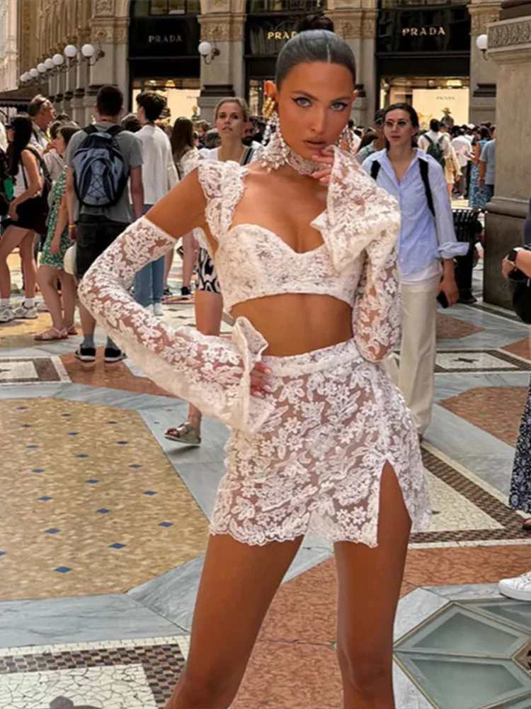 Beach Lace Mini Skirt Set Women See Through Square Collar Crop Top Side Split Skirts Suit Lady 2025 Summer Holiday Party Outfits