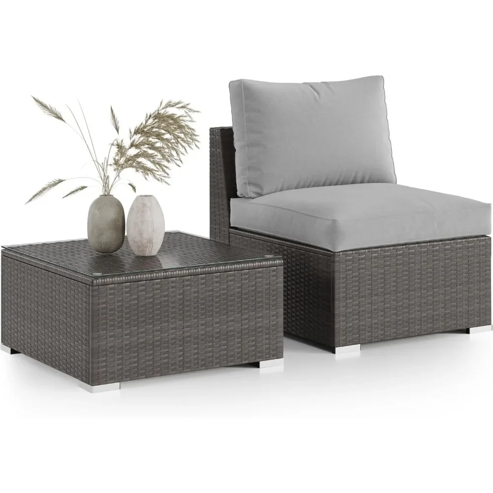 

2 Pieces Patio Sofa Sets, Outdoor Sectional Furniture Sofa, Tempered Glass Table and Cushion, Sets for Garden Backyard, Grey
