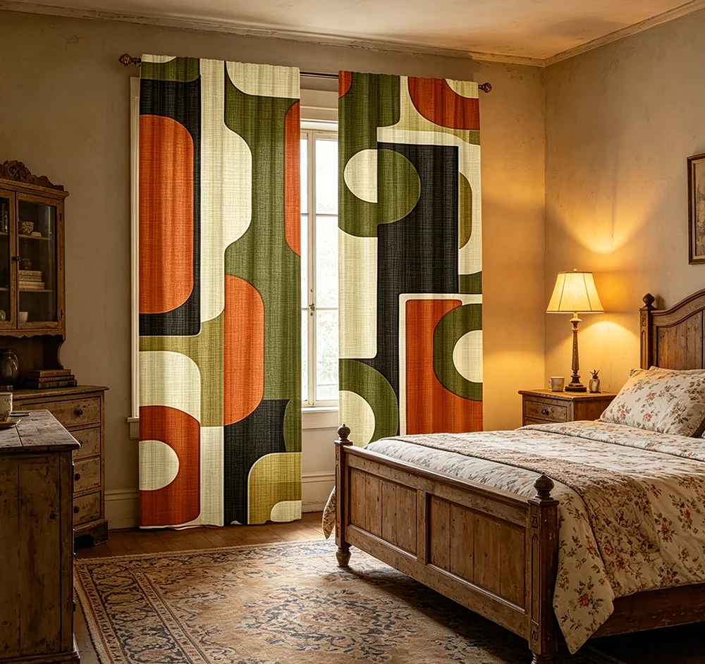 2PCS Digital Printed Curtains, Oil Green Geometric Abstract Modern Pattern, Window Drapes for Living Room Bedroom Home Decor