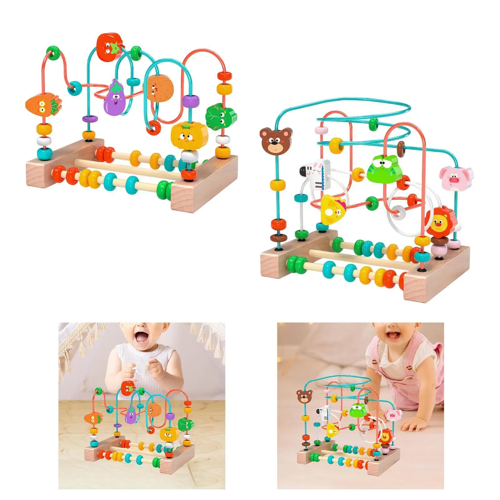 Bead Maze Toy Ages 3+ New Year Gift Grasping Ability Fruits Shapes Animals Wooden Educational Circle Toy Colorful Roller Coaster