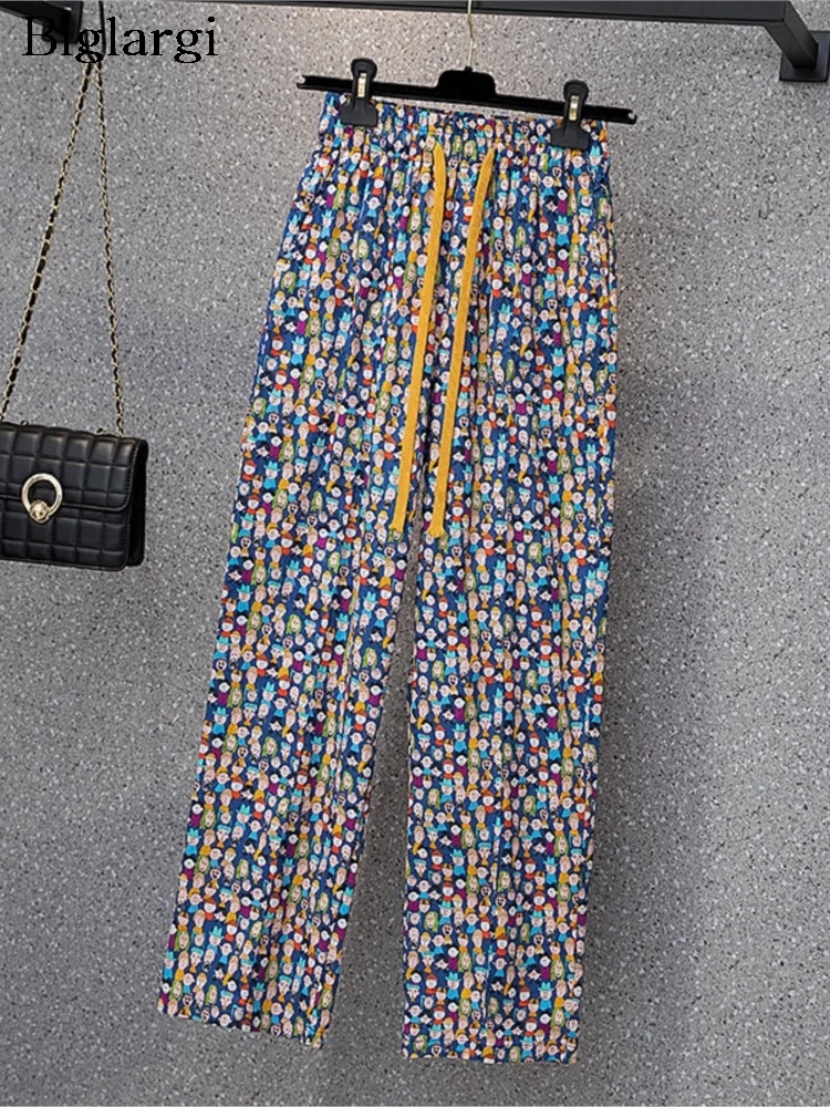 

Plus Size Elastic High Waist Summer Long Pant Women Print Fashion Casual Loose Pleated Ladies Trousers Wide Leg Woman Pants