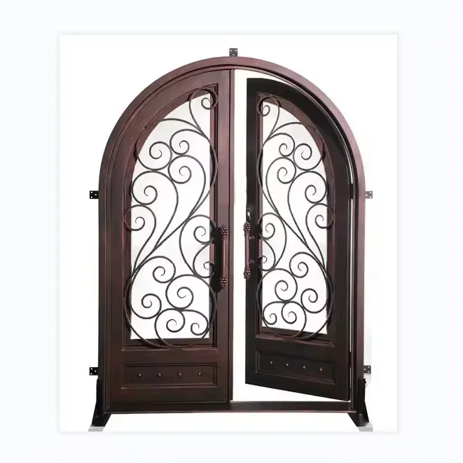 xx-Customization Classic Black Wrought Iron Front Door Exterior Double Metal Main Door