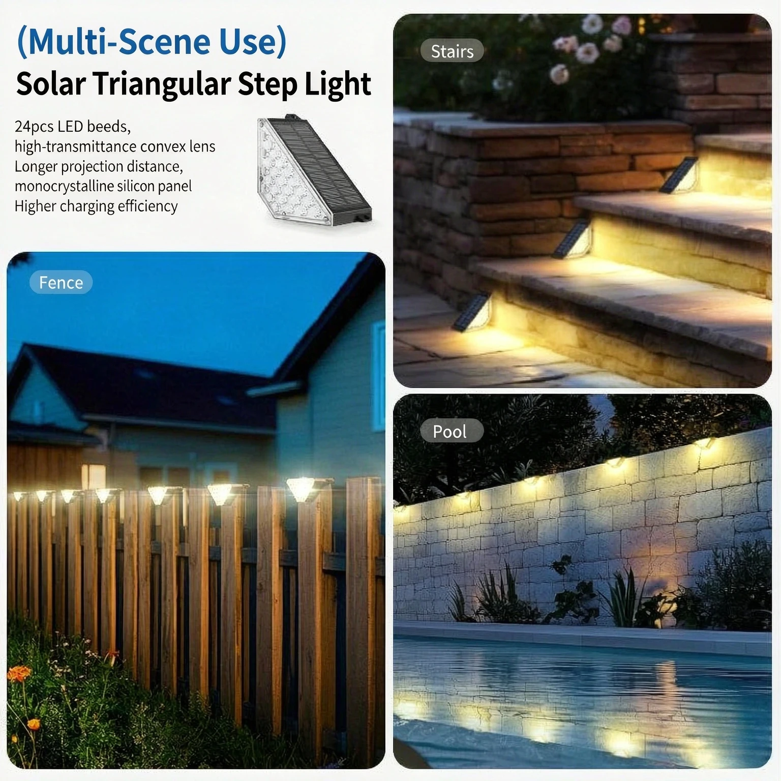24LED Trapezoidal Solar Step Lights, Solar‑Powered Waterproof Outdoor Corner Wall Lamp for Staircase Corridor Patio Courtyard