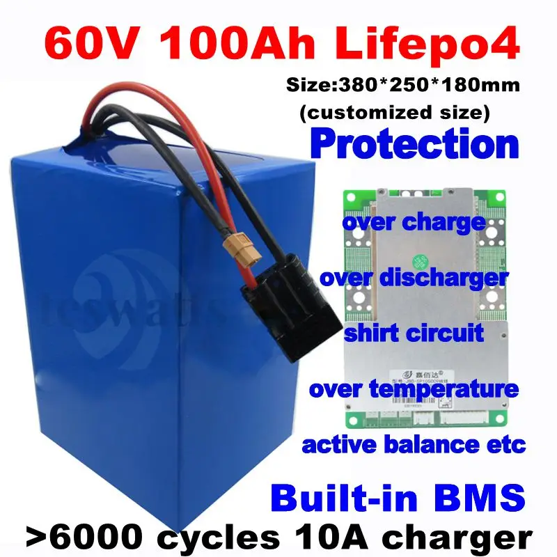 

Batterie Lifepo4 battery 60V 100AH avec BMS pour scooter 6KW 9KW AGV démo Go Cart Skateboard vélo + chargeur 10A.