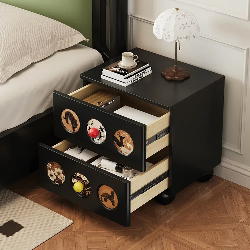 

Medieval style all-solid wood bedside table household bedroom light luxury art high-end black retro side cabinet