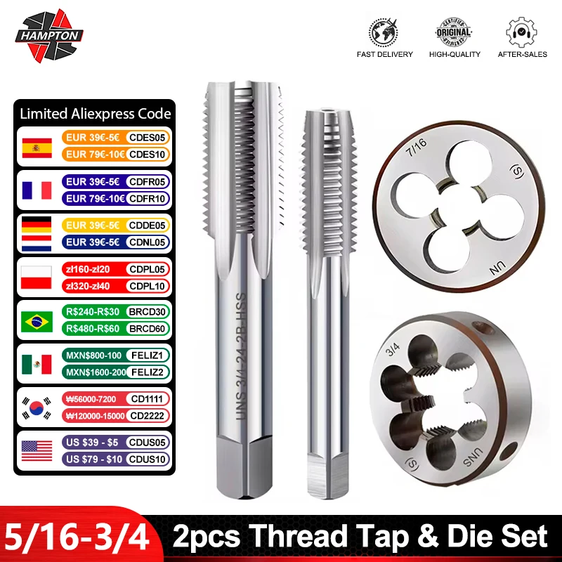 Hampton UNC UNF UNEF UN  Right Hand Thread Tap And Die Set 2pcs HSS Hand Tap Drill Bit 5/16 3/8 7/16 1/2 5/8 3/4-18 20 24 28 40