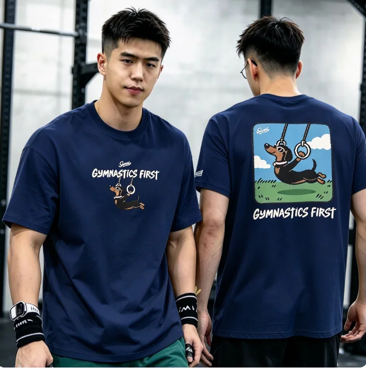 2026 Men Oversized Gym T Shirt Sleeve Gymnastics Dachshund Cartoon Print Workout Tees suitable for fitness friends