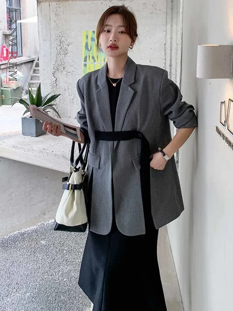 LANMREM Ribbon Slit Blazer Coats For Women Notched Long Sleeves Loose Fashion Clothing Office Lady Casual Korean Style 2R8135