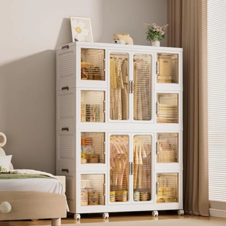 Baby Wardrobe Storage Cabinet with 12 Magnetic Doors and 2 Hanging Rods - White Organizer
