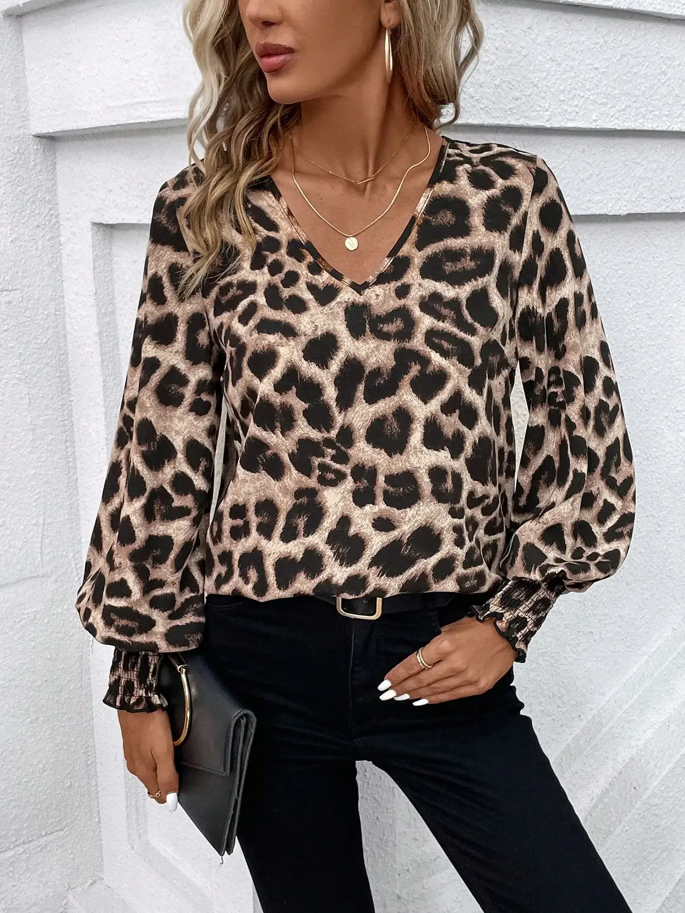 Leopard print top for women loose casual shirt V-neck long sleeve Western style office new spring summer