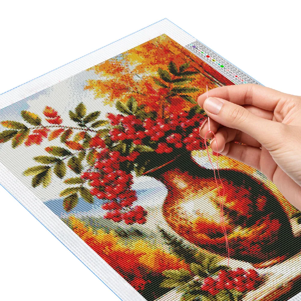 Flower Cross Stitch New DIY 11CT Cotton Thread Printed Red Rowan Berry Branches Vase Embroidery Kits Home Decoration view 4