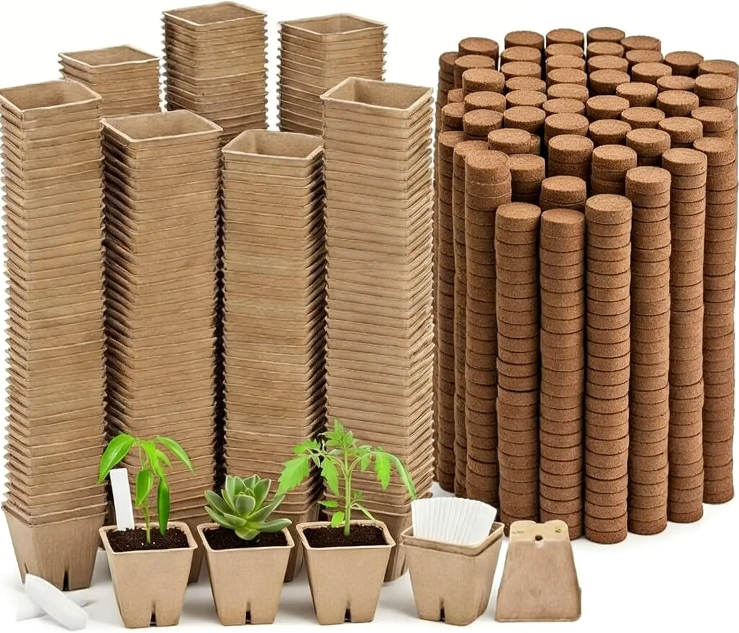 

500 Sets Seedling Starter Kit with Square Peat Pots 2.36", Organic Coco Coir Pellets 30 mm, Labels, & Transplant Tools,