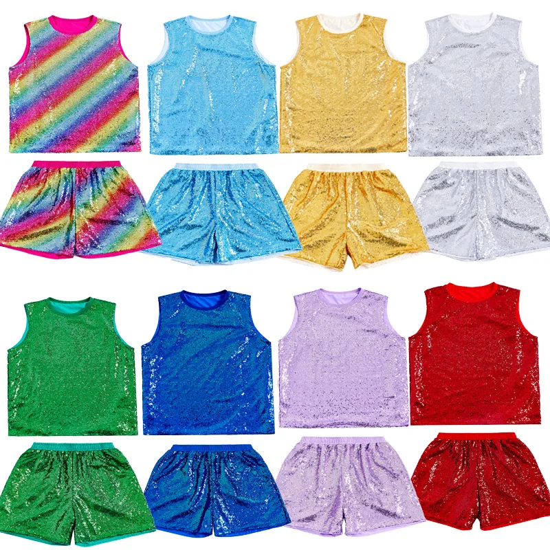 Sparkly Sequin 2 Piece Outfit, Sleeveless Tank Top + Elastic Waist Shorts Set for Men Women, Stage Show Dance Party Club Costume