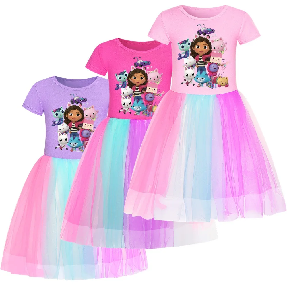 Gabbys Dollhouse Clothes Baby Girls Rainbow Dresses with Headdress Kids Cartoon Gabby Cats Tastic Wedding Party Princess Vestido