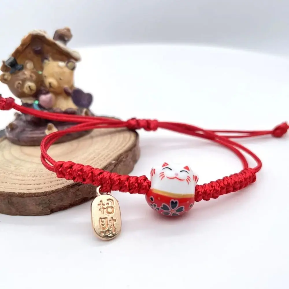 Ceramic Cat Pendant Maneki Neko Bracelet Hand Rope Handmade Red Braided Rope Jewelry Accessories Chinese Style Women Hand Ring