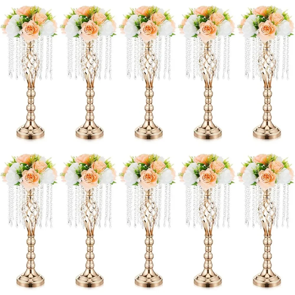 10 Pcs 21.7 Inches Gold Crystal Wedding Centerpieces for Tables with Metal Chandelier Holder Stand