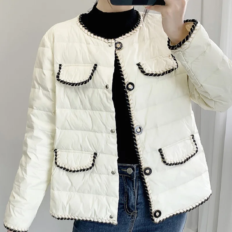 Female Autumn Winter 2022 New Padded Down Cotton Padded Jacket Slim White Black Round Neck Parkas Women