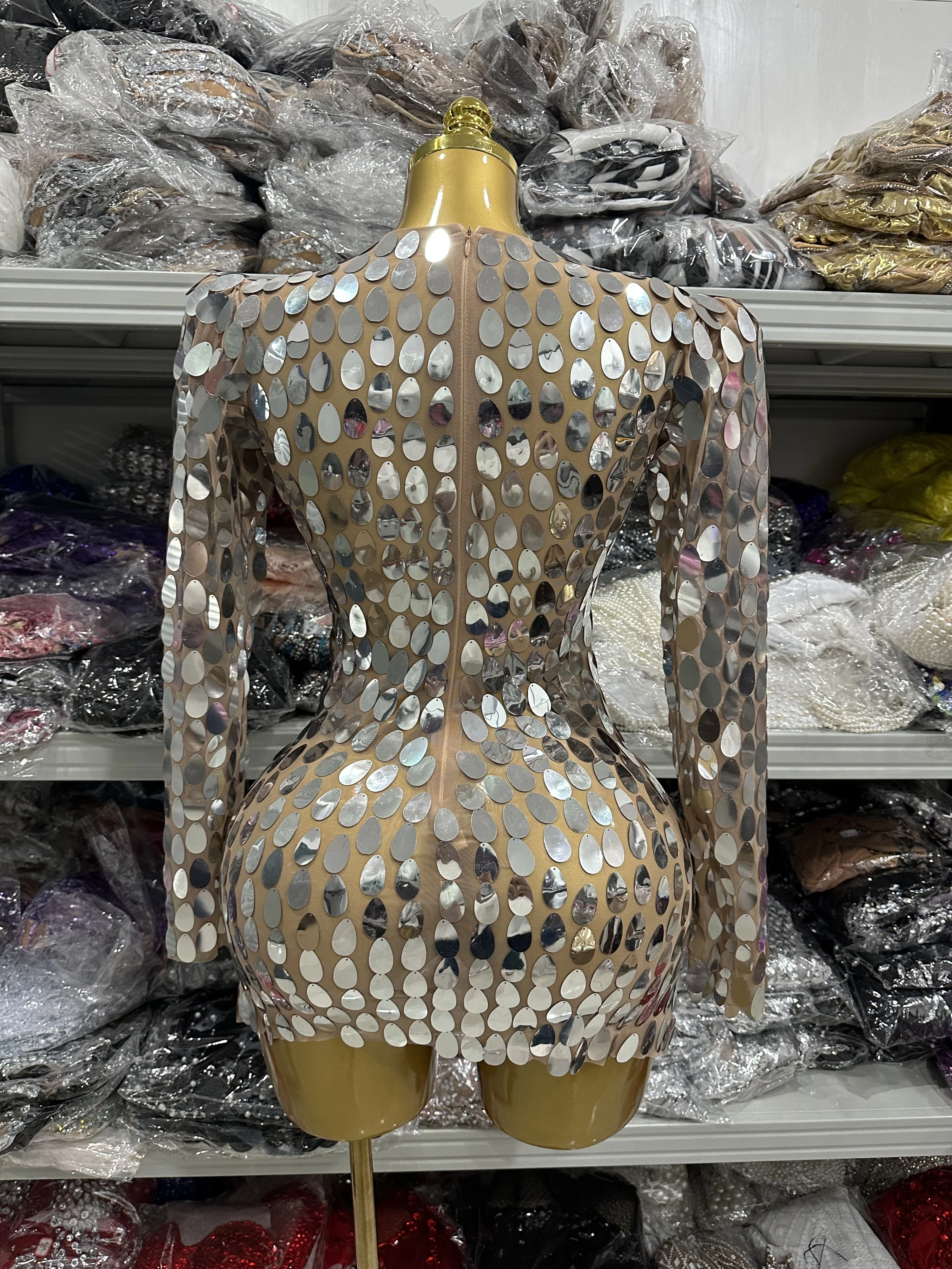 Sparkly Zilveren Lovertjes Vrouwen Lange Mouw Sexy Bodycon Mini Jurk Vieren Bar Zanger Prestaties Kostuum Stadium Slijtage