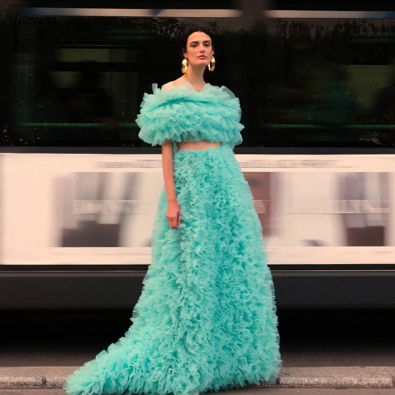 

Fluffy Turquoise Ruffles Mesh Women Party Dresses Two Pieces Lush Tulle A Line Formal Prom Gowns Pleated Ruffle Celebrity Dress