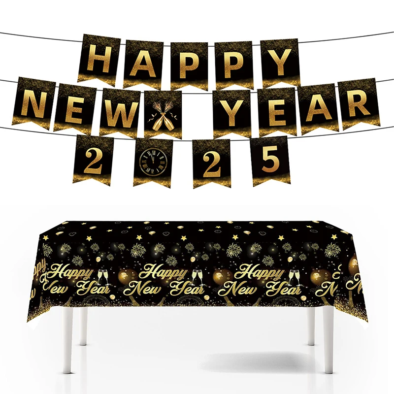 New Years Eve บนโต๊ะอาหาร 2025 Gold และ Black กระดาษทิ้งแผ่นถ้วยผ้าเช็ดปาก New Year Party อุปกรณ์ตกแต่ง