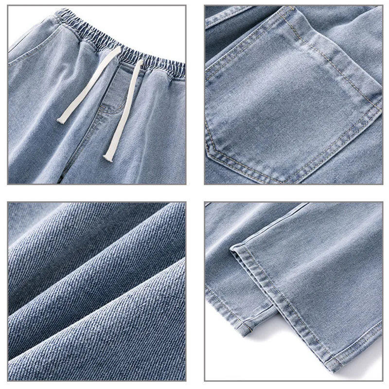 Jeans Pria Musim Panas Celana Lurus Kaki Lebar Pinggang Elastis Pakaian Jalan Antik Celana Panjang Longgar Kasual Pria Celana Denim Warna Solid