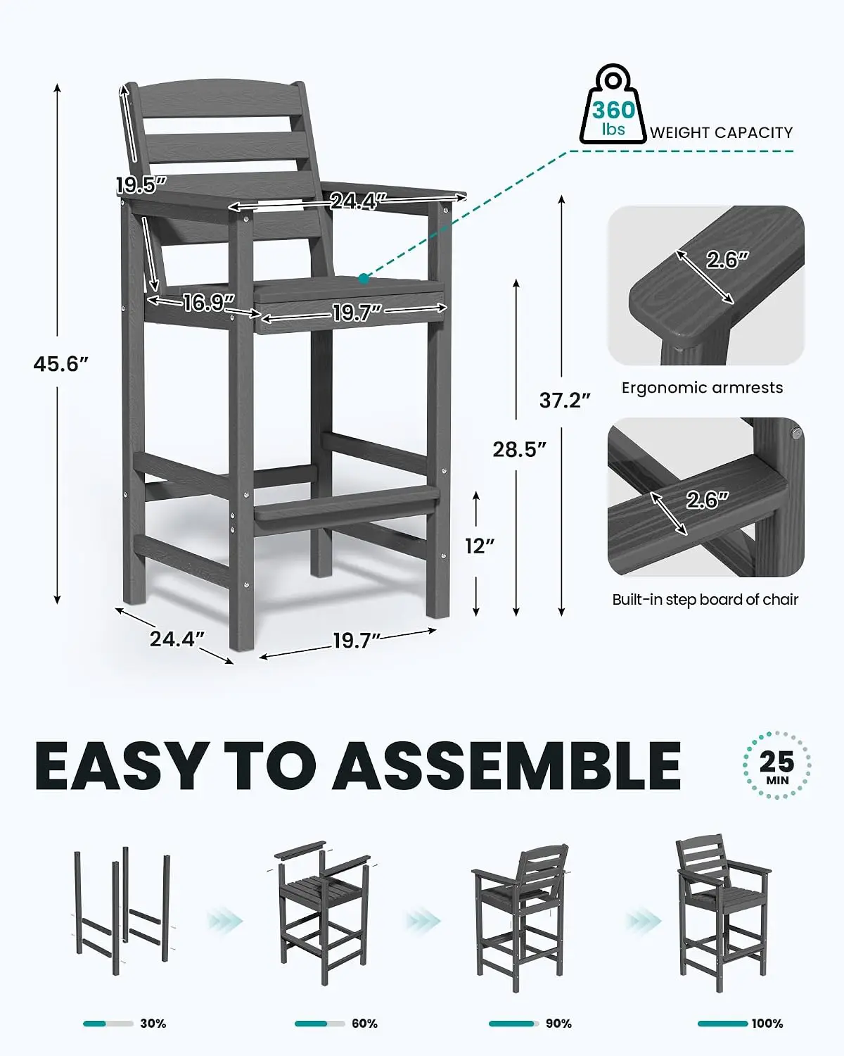 Tall Adirondack Barstools 2pc HDPE Outdoor High Top Chairs Widened Oversized Balcony Poolside Garden, Customized